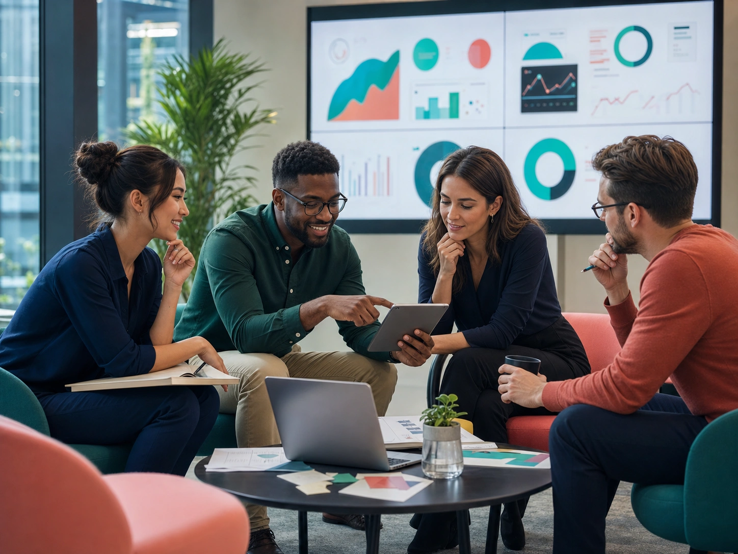 Team reviewing growth, data, and customer insights