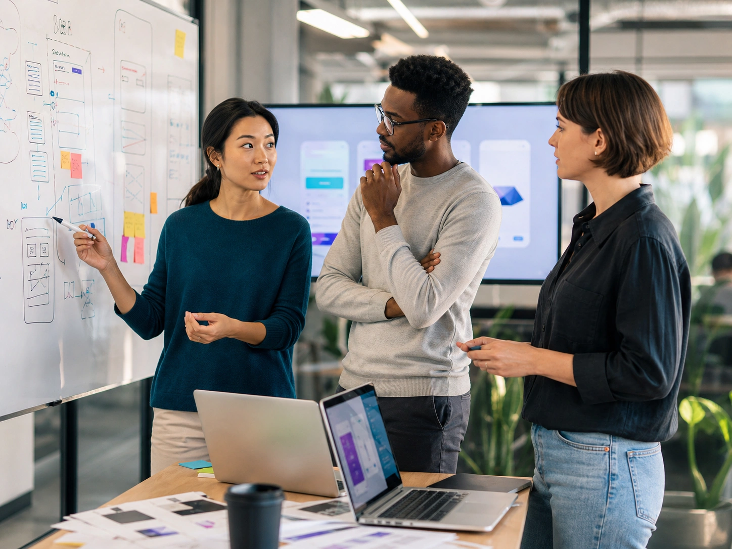 Product, design, and development team whiteboarding ideas